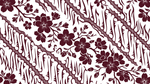 Seamless Batik Pattern with Cherry Blossom Flowers and Traditional Indonesian Parang Motifs
