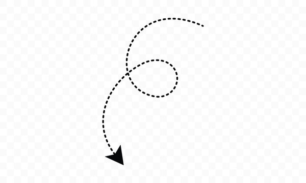 Dashed black arrow spiraling down vector icon, dotted curved line, descending direction symbol, navigation pointer, creative downturn indicator, artistic design element, downward path sign isolated.