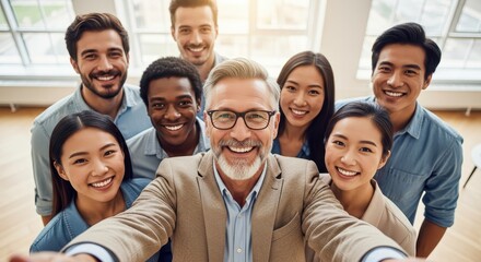 Obraz premium Diverse Group of Happy Business Professionals Taking a Selfie in a Modern Office Environment