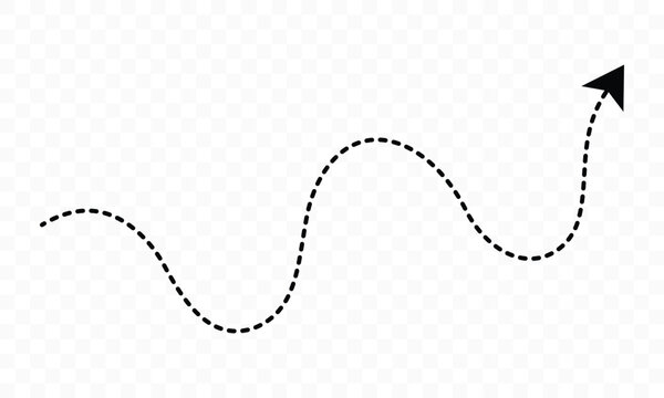 Dashed black arrow moving up vector icon, wavy dotted line, pointing direction symbol, navigation pointer, creative progress indicator, artistic design element, upward path sign isolated.