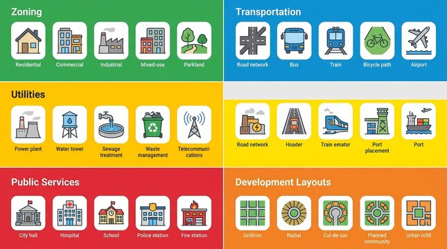 Urban Planning and Infrastructure Icon Pack with Zoning Transportation Utilities and Public Services