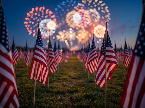 Field of American flags under colorful fireworks, symbolizing patriotism and celebration.