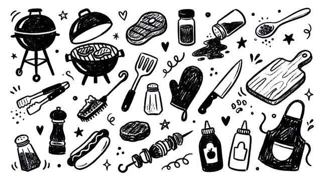 Various hand-drawn black and white barbecue and grilling items are scattered across a clean white background, creating a fun doodle pattern