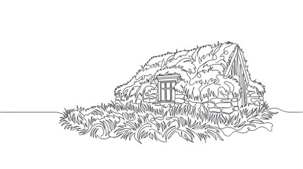 Obraz premium Charming traditional turf house with a small window and door, surrounded by lush grass, depicted in a continuous line art style on a clean white background