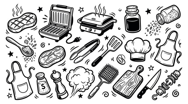 Various hand-drawn black and white cooking and grilling tools, food items, and chef accessories are arranged in a dynamic pattern on a clean white background