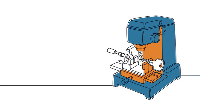 Continuous line drawing of a blue and orange key cutting machine with a key being duplicated on a white background