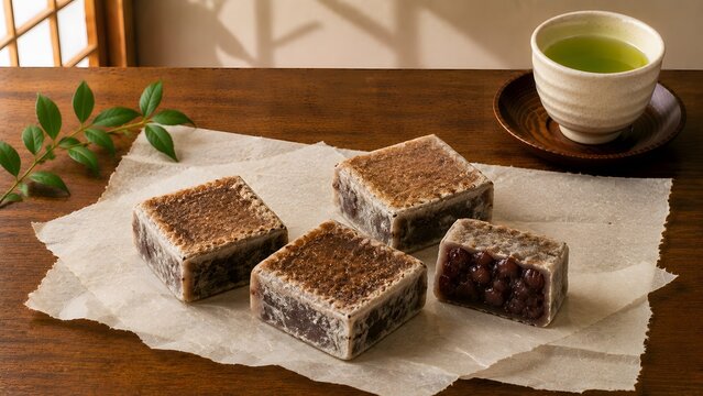 traditional japanese kintsuba cake filled with sweet red bean paste and wrapped in thin wheat dough, served with a cup of hot green tea