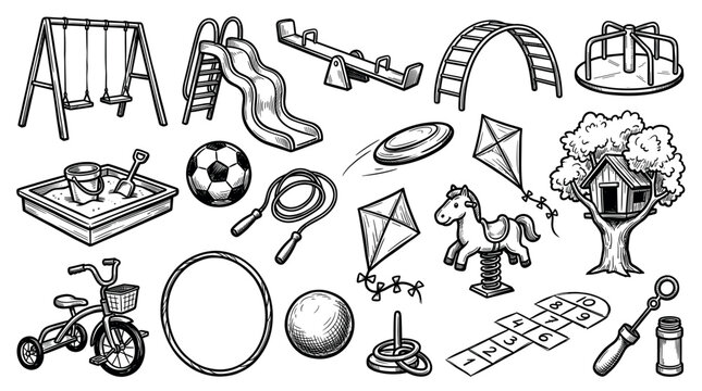 Various hand-drawn playground equipment and children's toys are arranged in a collection of black and white line art illustrations