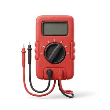 Stylized 3D red digital multimeter plasticine model with probes isolated on white background front view composition