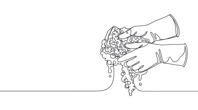 Two gloved hands squeeze a soapy sponge, creating suds and drips in a continuous line art style on a clean white background