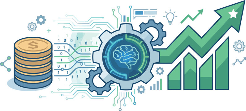 A vibrant infographic illustration depicting a brain within a gear surrounded by rising green arrows and a stack of coins
