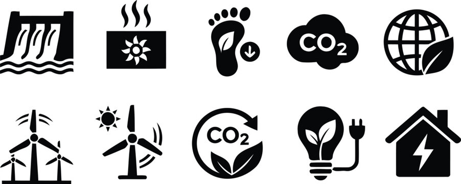 renewable energy and carbon, footprint reduction icon set