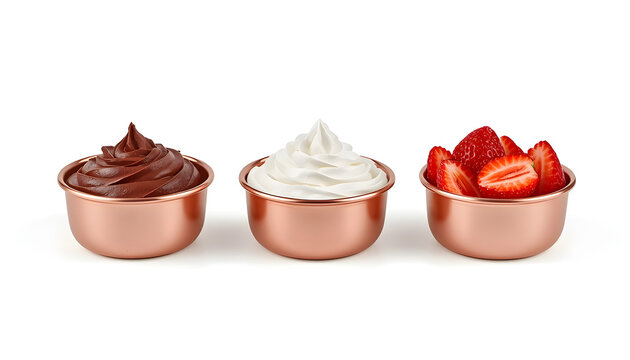 Copper Bowls with Chocolate Sauce, Whipped Cream, and Fresh Strawberries on White Background