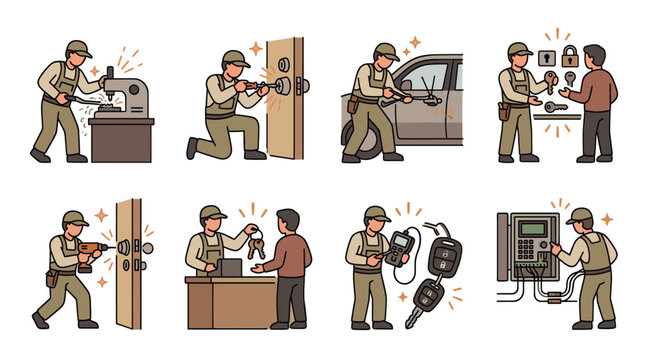 Professional locksmith service worker performs various tasks, including key cutting, lock repair, and car key programming, on a clean white background
