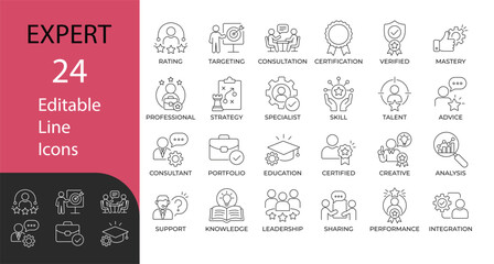 Naklejka premium Expert and professional skills line icon set. Contains symbols for business consultation, strategy, leadership, and performance. Line vector design for corporate presentations and workflow.