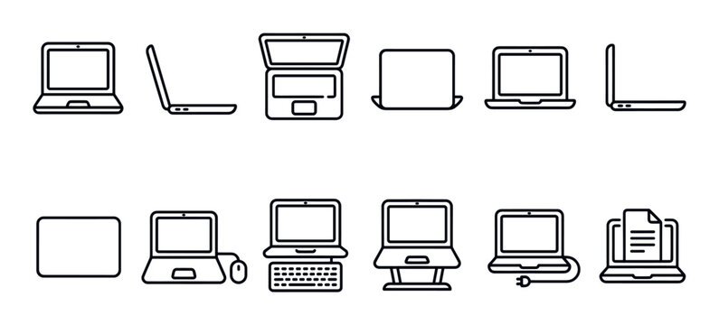 Collection of various simple black outline laptop icons displayed in different angles and configurations on a clean white background