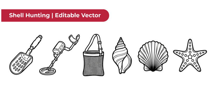 Shell hunting vector icons set for beachcombing and metal detecting. Line art illustration of seashell, scoop, bag, starfish, scallop collection isolated on white background, black coloring style.