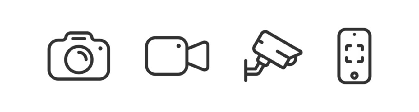 Photo camera icon. Media symbol. Video on the phone. Surveillance camera. Editable stroke graphic.