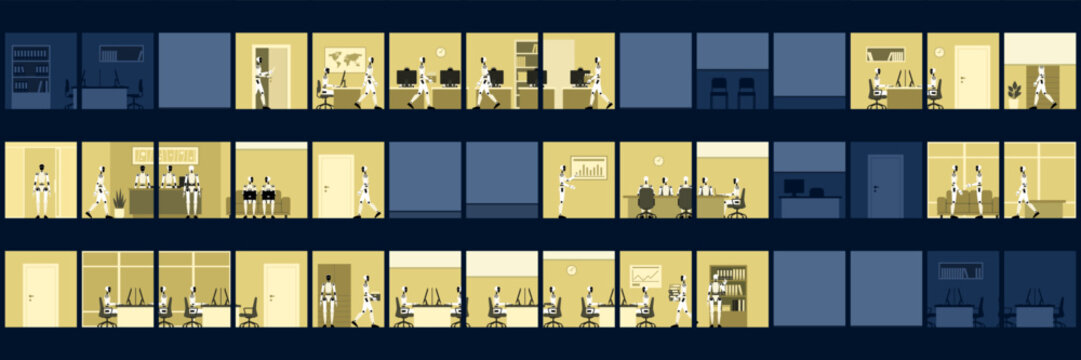 Autonomous humanoid AI robots working in the corporate office late at night