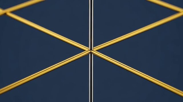 Abstract geometric pattern of golden lines on dark blue background.