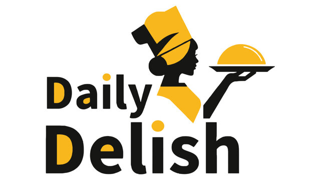 Daily delish logo design with woman chef serving food catering restaurant