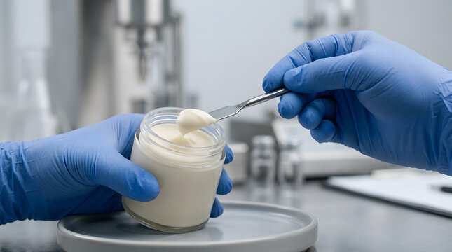 Cosmetic lab technician sampling hair pomade with spatula for quality control check