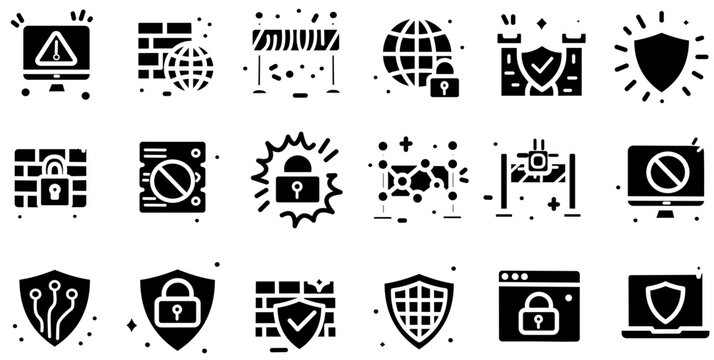 Black and white icons represent computer network protection, firewall safety, and digital defense. Ideal for cybersecurity concepts and designs.