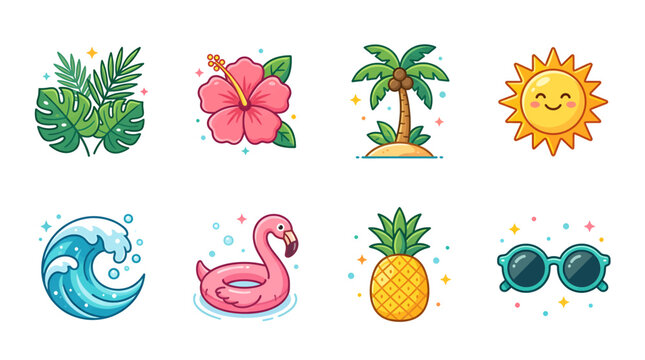 Collection of summer-themed icons featuring tropical plants, beach wave, flamingo float, pineapple, sunglasses, hibiscus flower, palm tree, and a smiling sun