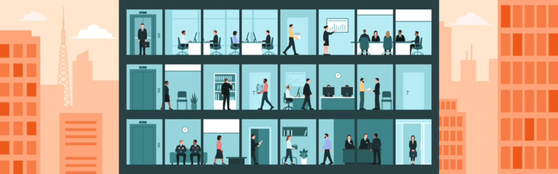 Business people at work in the corporate offices, building facade