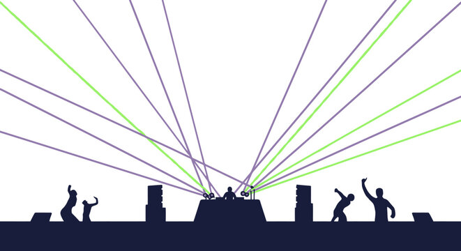 DJ playing music with laser show and dancing crowd silhouettes at night club