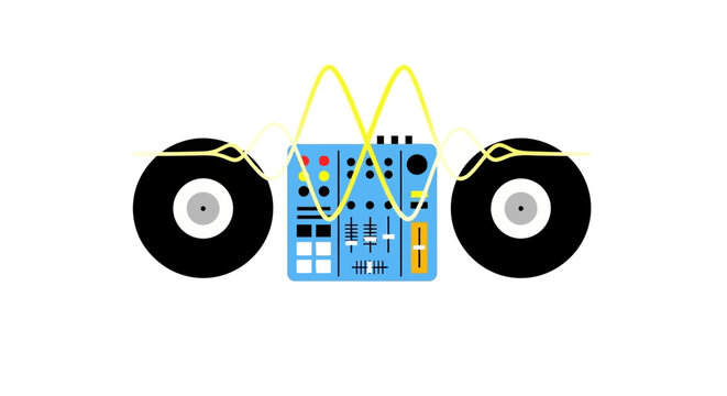 Dj Turntables and Mixer with Sound Wave Graphic