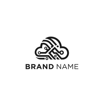 Modern digital cloud network icon design featuring minimalist circuit board patterns for technology infrastructure and data storage solutions