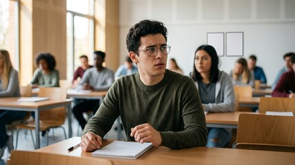 Fototapeta premium Student taking exam in classroom university setting focused expression natural light educational environment