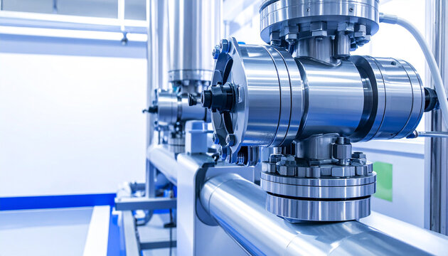 Industrial Piping System: A close-up shot of a complex industrial piping system, featuring polished metal valves and pipes, highlighting precision engineering and manufacturing in a clean environment.