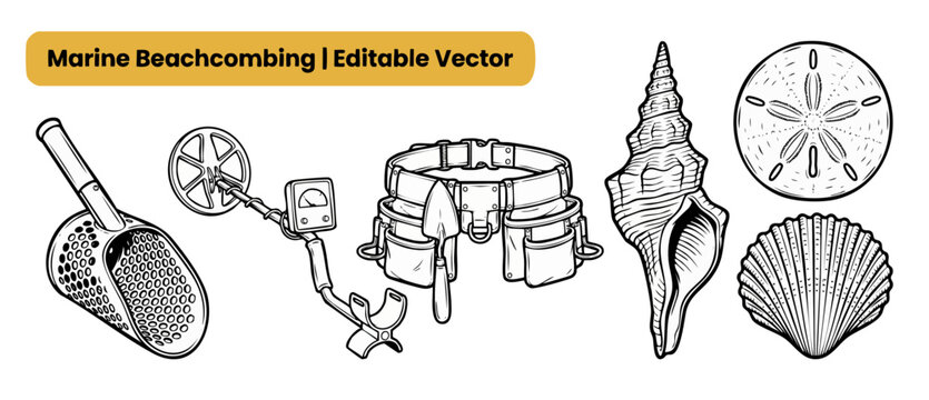 Metal detector beachcombing vector icons featuring treasure hunting equipment like sand scoop, tool belt, and sea shells like conch, scallop, and sand dollar for marine exploration graphic design art.