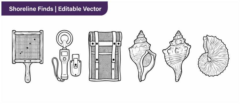 Beachcombing metal detector seashell vector icons set, sand sifter scoop, treasure bag, outline shell line art illustrations for summer shoreline beach hunting hobby design ideas.