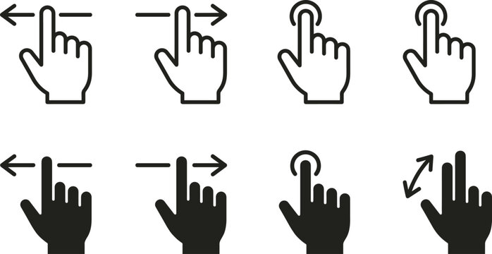Black silhouette icons of touchscreen hand gestures including swipe, tap, double tap, and pinch zoom representing digital interaction and mobile technology concepts