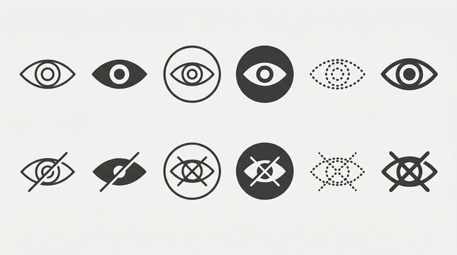 A comparative grid of visibility icons, exploring open and hidden eye designs, symbolizing digital privacy, user interface clarity, and evolving access control aesthetics in modern technology.
