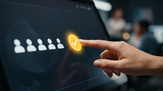 User interaction in technology touchscreen confirmation interface modern office digital experience close-up view