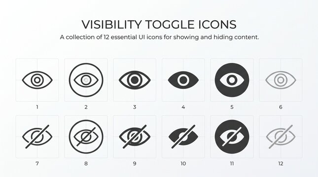A comparative grid of visibility icons, exploring open and hidden eye designs, symbolizing digital privacy, user interface clarity, and evolving access control aesthetics in modern technology.