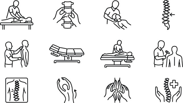 Chiropractic care and physiotherapy line icon set featuring spine adjustment massage therapy orthopedic treatment rehabilitation and back pain relief vector elements.