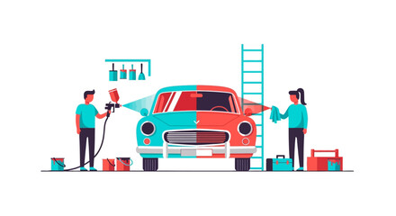 Fototapeta premium Car Restoration and Painting Service: Two People Working on a Vintage Vehicle