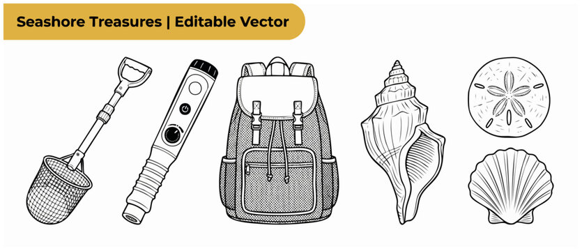 Beachcombing metal detecting vector icon set featuring backpack, sand scoop sifter shovel, pinpointer device, seashell, sand dollar line art for coloring book pages and treasure hunting adventures.