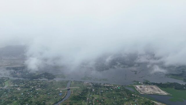Dron view, flying fog in tha sky. 
