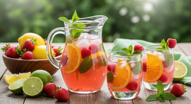 Refreshing summer fruit punch with strawberries, oranges, and mint in a glass pitcher and glasses