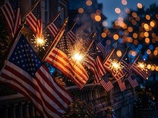 Obraz premium American flags on display with bright sparklers, evoking a festive, patriotic atmosphere.