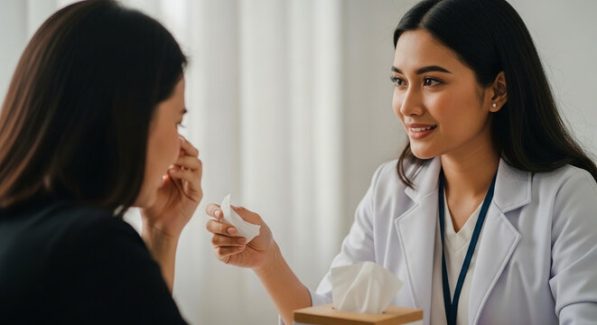 Compassionate female doctor or psychologist providing emotional support to a crying patient by offering a tissue in a bright clinical office setting.