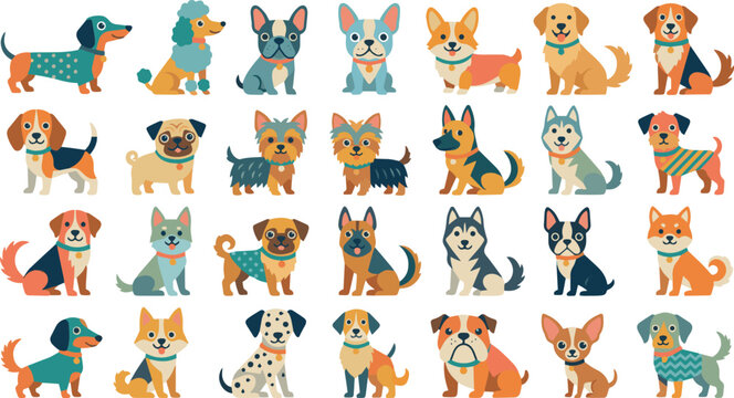 Vector illustration of various dog breeds in colorful designs and patterns for graphic use
