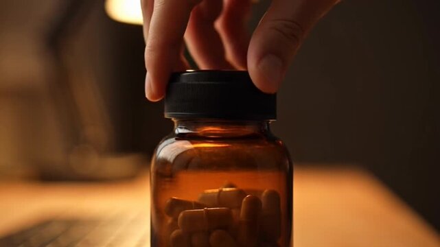 Close up of hand opening amber glass medicine bottle with capsules inside.