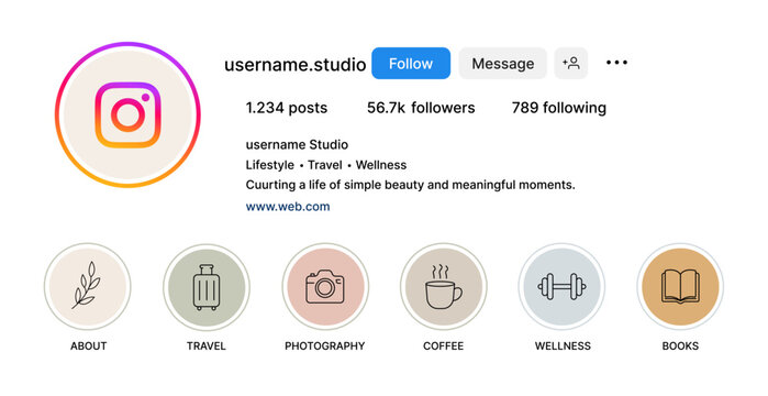 Instagram Profile Mockup with Instagram Story Highlight Icons and Instagram Bio Layout. Instagram Social Media Branding Template for Social Network Creator and Influencer Accounts.